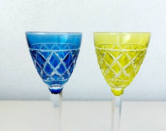 GLASSES CRYSTAL RARE vintage collection strong drinks colored val saint lambert 80s blue yellow