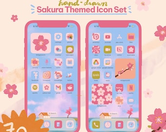 SAKURA Handgetekende App Icon Pack met wallpapers | kersenbloesem App Icons | 70 iconen | Android + iOS App Icon set