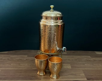 5L Pure Copper Water Dispenser Hand Hammered Indian Copper Home Studio Office Water Dispenser Jug With Brass Stand And Two Copper Cups