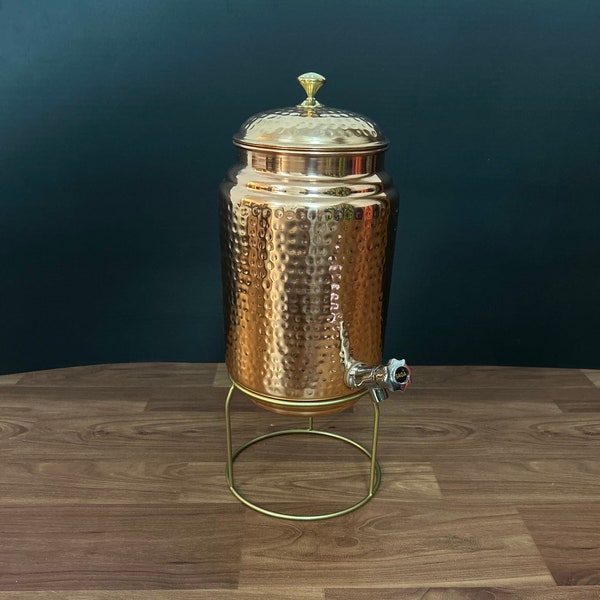 5L Pure Copper Water Dispenser Hand Hammered Indian Copper Home Studio Office Water Dispenser Jug With Brass Stand