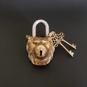 Brass Lion Lock With Keys - Indian Animal Padlock - Vintage Metal Cast