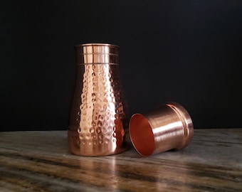 Hammered Pure Copper Water Carafe With Copper Cup Cap