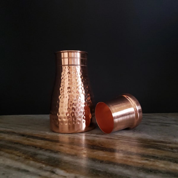 Hammered Pure Copper Water Carafe With Copper Cup Cap