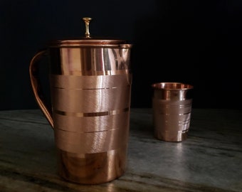 Pure Copper Water Pitcher Jug With Handle And Copper Lid With Brass Knob Polished Indian Copper With Brushed Design with a Copper Cup