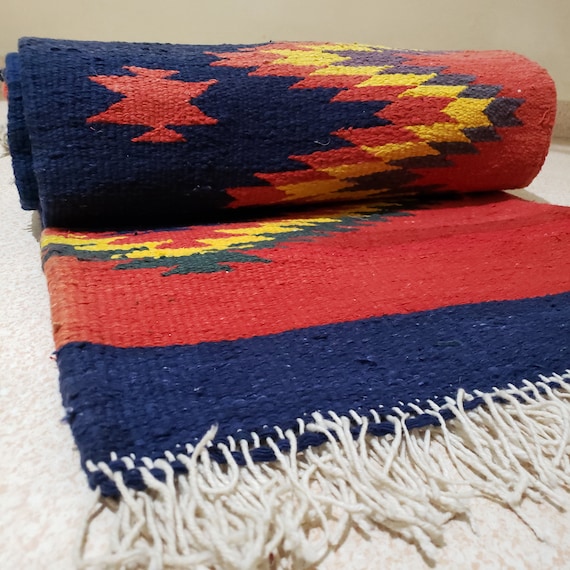 Vintage Indian Dhurrie Rug: Handspun Cotton, Red & Blue (6.8x3.5 ft)