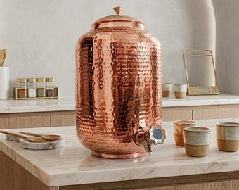 Hand Hammered Pure Copper Water Vessel 8L – Ayurvedic Water Jug with Brass Tap