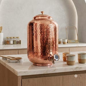 Pure Copper Water Dispenser 8L - Hand Hammered Ayurvedic Water Jug with Brass Tap & Lid - Large Countertop Water Vessel, Health Gift