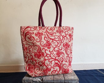 Handwoven Jute Tote Bag: Red Block Print, Zipper, Phone Pouch
