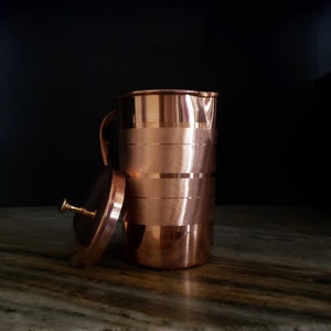 Pure Copper Water Pitcher Jug With Handle And Copper Lid With Brass Knob Polished Indian Copper With Brushed Design