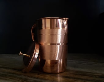 Pure Copper Water Pitcher Jug With Handle And Copper Lid With Brass Knob Polished Indian Copper With Brushed Design