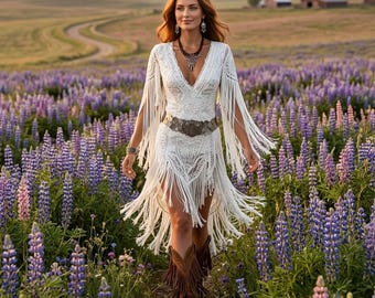 Boho Lace Fringe Dress, V Neck Mini Dress, Western Boho Dress, Long Sleeve Dress, Asymmetrical Hem Dress, Festival Beach Party Dress