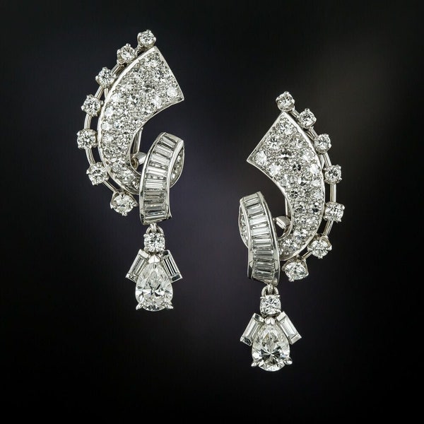 Antique Diamond Earrings, 2.21 Ct Round Cut Diamond Earrings, Wedding Earrings, 14K White Gold, Art Deco Dangle Earrings, Clip On Earrings