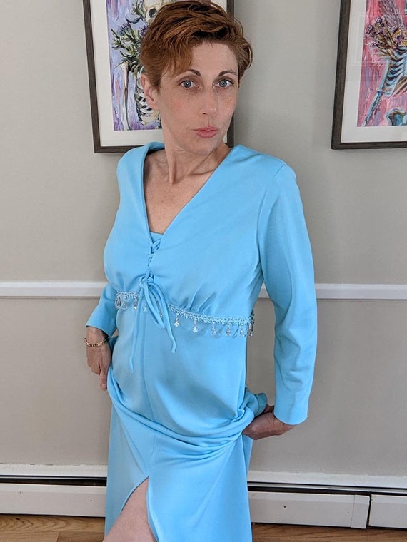 VINTAGE 60s 70s BABY BLUE PINK CREAM FLOAL DITSY BOHO PRAIRIE MAXI DRESS 12