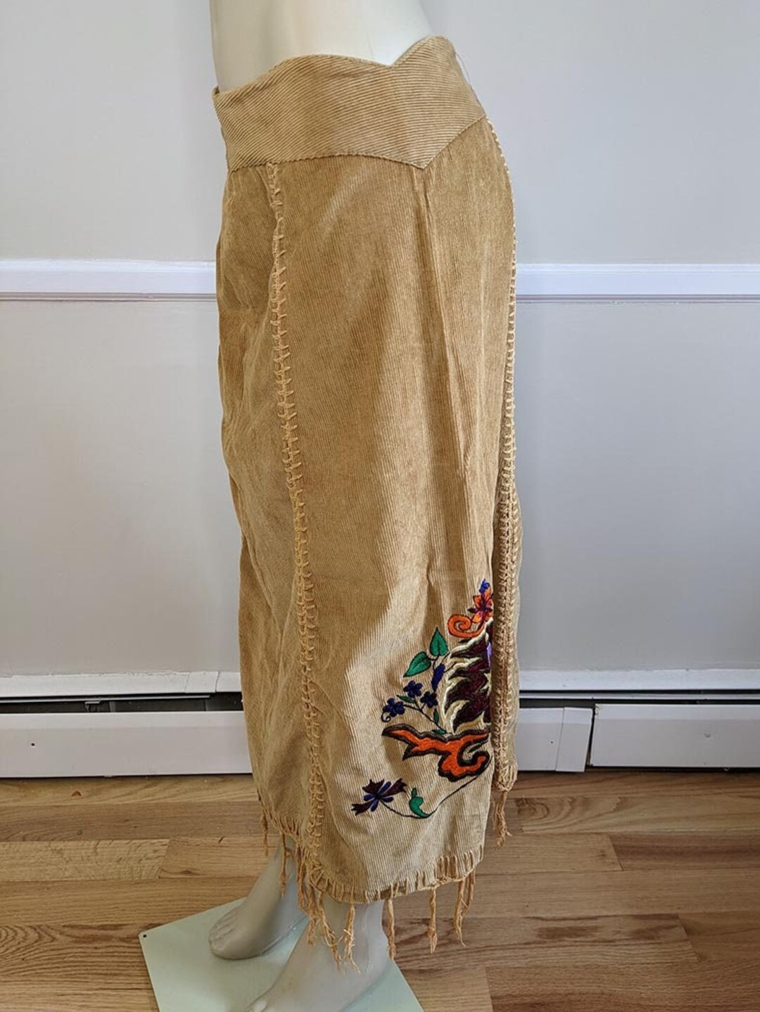 70s Embroidered Fringe Corduroy Skirt From Kathmandu Imports Etsy