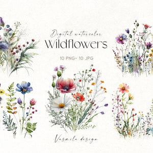 Buquês de flores silvestres em aquarela, PNG de flores silvestres, Conjunto de buquês florais, Clipart de flores em aquarela, Design de sublimação floral, Download digital