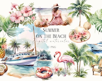 Watercolor Summer Beach Clipart, Watercolor Summer Clipart, 35 PNG Beach Holiday PNG, Tropical Paradise Clipart, Tropical PNG Graphics