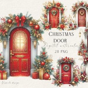 Clipart porta di Natale, Pacchetto clipart PNG porta, Agrifoglio natalizio e PNG porta, Clipart decorazione invernale acquerello