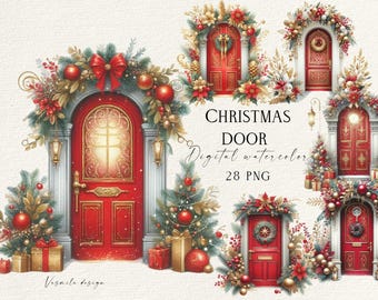 May include: A set of 28 digital watercolor illustrations of Christmas doors decorated with wreaths, garlands, and ornaments. The doors are red with gold accents and have a festive, whimsical feel. The text "Christmas Door Digital Watercolor 28 PNG" is included in the image.