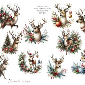 May include: A set of 30 digital illustrations featuring watercolor-style reindeer with Christmas decorations. The reindeer are depicted in various poses, some with presents, others with wreaths, and some with Santa hats. The illustrations are perfect for adding a festive touch to your holiday projects.