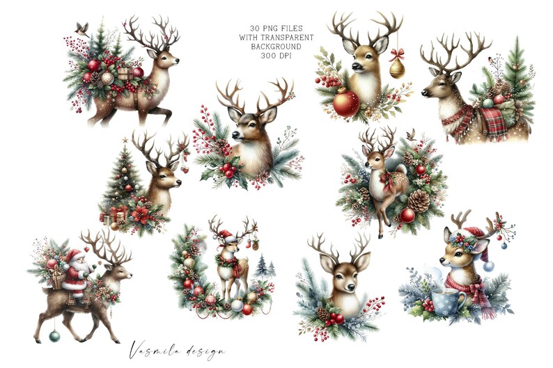 May include: A set of 30 digital illustrations featuring watercolor-style reindeer with Christmas decorations. The reindeer are depicted in various poses, some with presents, others with wreaths, and some with Santa hats. The illustrations are perfect for adding a festive touch to your holiday projects.