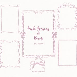 Watercolor Whimsical Pink Frames PNG, Wedding Bachelorette Party Frames PNG, Hand Drawn Coquette Bows, Wavy Squiggly Borders Clipart
