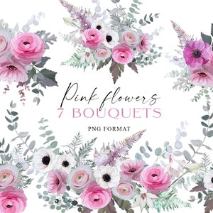 Pink Flower Bouquets PNG: Hand-Drawn Floral Clipart (7 PNG)