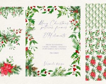 May include: Watercolor digital illustrations featuring Christmas patterns, frames, and DIY elements. The designs include borders, bouquets, and patterns with holly, pine, and poinsettias. The text reads "Merry Christmas patterns, frames, DIY elements."