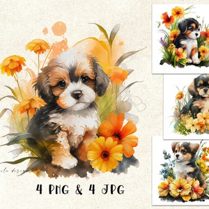 Aquarelle chiots Clipart, PNG mignon floral chiot, chiens en fleurs, sublimation fleurs animaux, graphiques pour baby shower, téléchargement numérique