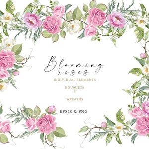 Pink Rose Bouquets & Garlands Clipart: Floral PNG, EPS (Digital Download)