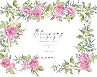 Pink Rose Bouquets & Garlands Clipart: Floral PNG, EPS (Digital Download)