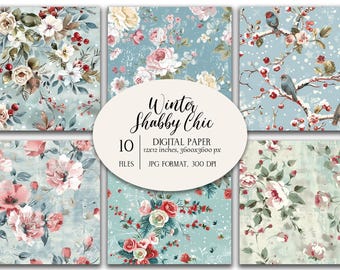 May include: A collection of ten digital papers with a winter shabby chic theme. The papers feature floral patterns in shades of pink, red, and cream on a light blue background. The image includes the text "Winter Shabby Chic" and paper dimensions.