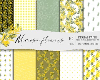 Papier numérique JPG fleurs de mimosa, motifs floraux sans couture, papier peint à fleurs jaunes, papier cadeau floral, papier numérique mariage