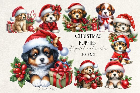 Watercolor Christmas Puppy Clipart: Holiday PNG Bundle (300 DPI)