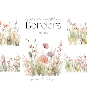 Watercolor Wildflower Borders, Wildflowers Bouquets PNG, Watercolor Flower Border Clipart, Summer Flowers PNG, Wedding Graphics