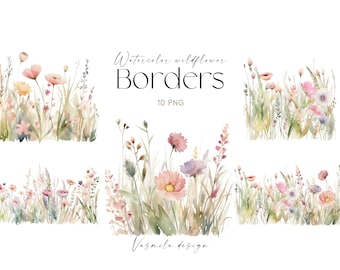 Watercolor Wildflower Borders: PNG Clipart, Bouquets (Digital Download)