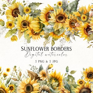 Bordures de tournesol aquarelle, tournesol PNG, cadre floral tournesols, bordure florale PNG, graphique imprimable fleur, téléchargement numérique