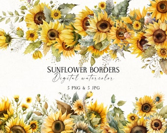 Watercolor Sunflower Borders: Floral Frame PNG (Digital Download)