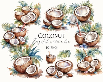 Watercolor Coconut Clipart: Tropical Drink PNG (Digital Download)