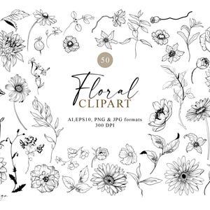 Floral Line Art Clipart, 50 Elementos Botânicos PNG, Flores e Plantas Vetoriais Desenhadas à Mão, Gráfico de Casamento, Download Digital