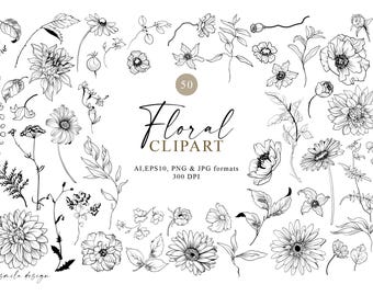 Clipart floral Line Art : 50 éléments botaniques (téléchargement numérique)