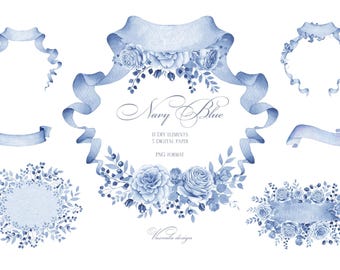 May include: Watercolor illustrations featuring navy blue floral elements, ribbons, and wreaths. The image includes the text "Navy Blue" and details about DIY elements and digital paper in PNG format. The design is suitable for various craft projects.