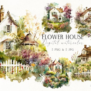 Watercolor Cottage Clipart: Vintage Garden Houses (Digital Download)