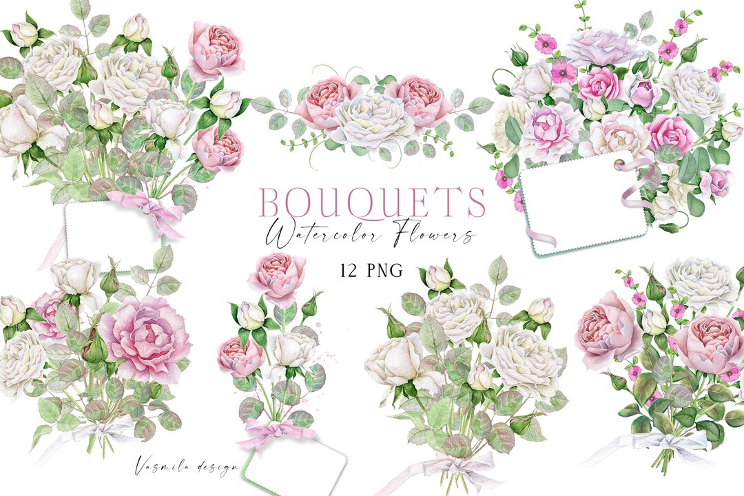 Watercolor Rose Flower Bouquets PNG, Pink Flower Bouquet PNG, Pink Rose ...