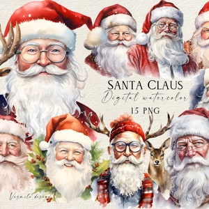 Christmas Santa Claus PNG, Watercolor Santa Claus Clipart Bundle, Winter Holiday Clip Art, Christmas Reindeer and Santa Clipart