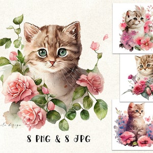 Watercolor Kitten in Flowers, Flower Cat PNG, Floral Kittens Clipart, Cute Baby Animals PNG, Animals Sublimation, Digital Download