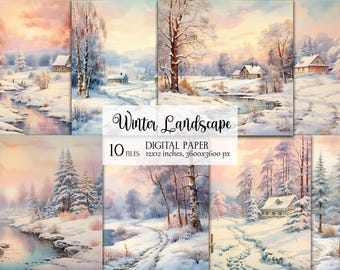May include: A collection of ten digital papers featuring winter landscape scenes. Each image depicts a snowy landscape with trees, houses, and a river, all under a soft, pastel-colored sky. The text "Winter Landscape" and other details are included.