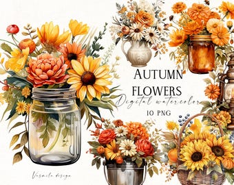 Autumn Flowers PNG, Watercolor Flowers Bouquets, Floral Vintage Set, Watercolor Flower Clipart, Floral Sublimation Design