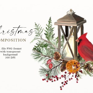 Weihnachten Urlaub Clipart, Laterne Kardinal Vogel Png, Winter Clip Art, Rustikale Dekoration, Weihnachtsgrafik, Handgezeichnet, Nicht AI erzeugt