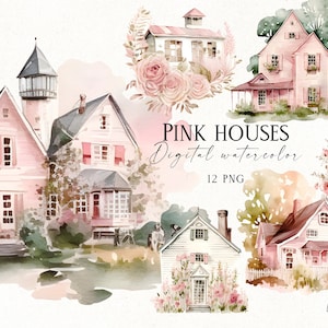 Clipart di case rosa ad acquerello PNG, casa d'epoca, cartolina della casa, graziosa casa rosa, casa accogliente, download digitale