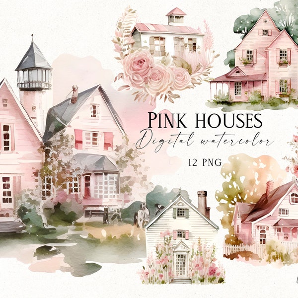 Watercolor pink houses clipart PNG, vintage house, house postcard, cute pink house, cozy house, digital download